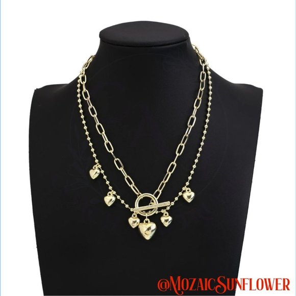 Gold Double Chain Choker With Heart Charms Toggle Clasp - Picture 3 of 3